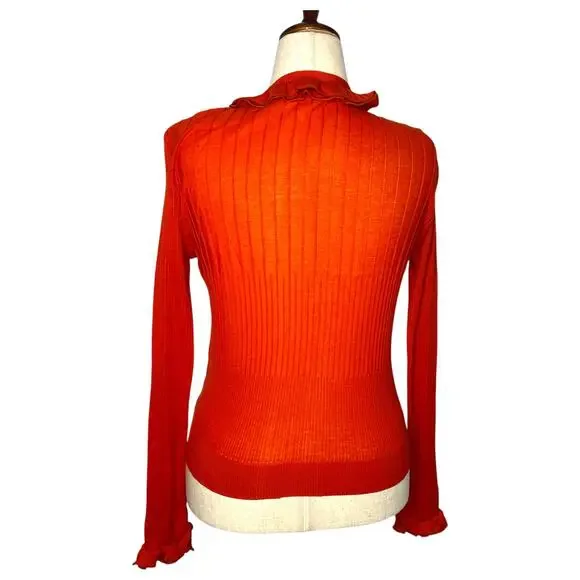 Anne Fontaine Women's Cardigan Size 46 14 Orange Ruffle Knit Ribbed V-Neck